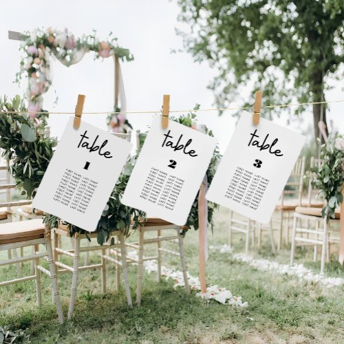 Modern minimal white wedding seating chart cards
