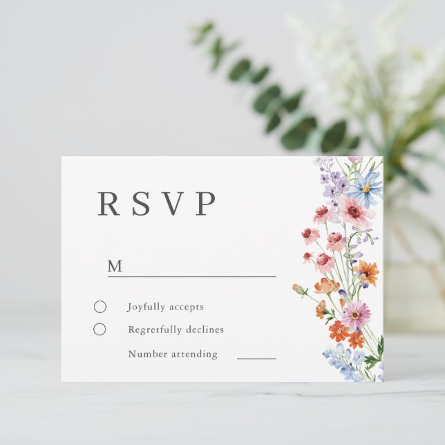 Modern Minimal Wildflowers Wedding RSVP Card (Standing Front)