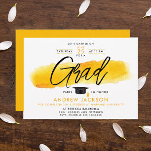 Modern Minimal Yellow Black Grad Party Watercolor Invitation