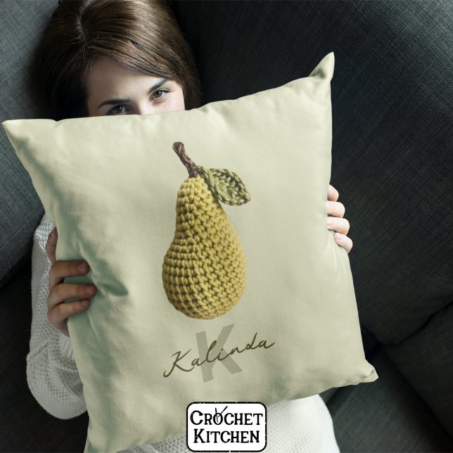 Modern Minimal Yellow Crochet Pear Monogram Name  Throw Pillow (Creator Uploaded)