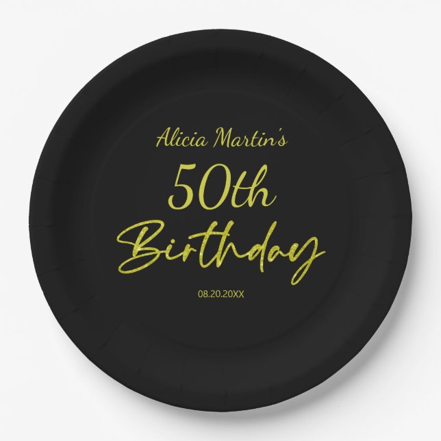 Modern & Minimal Yellow Typography Black Birthday Paper Plates (Front)