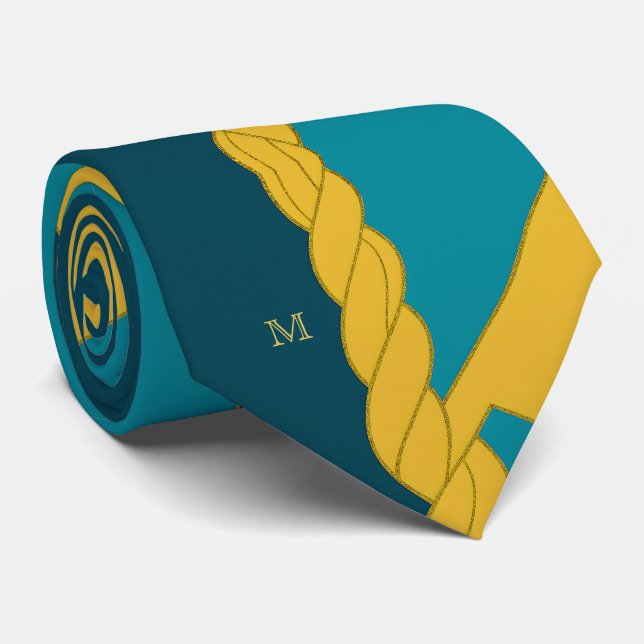 Modern Minimalism Teal Gold Braid Elegant Monogram Neck Tie (Rolled)