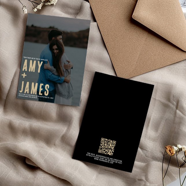 Modern Minimalism with Photo and QR Code wedding Invitation (Minimalist wedding invitation features bold typography for the names, your own photo and a QR code)