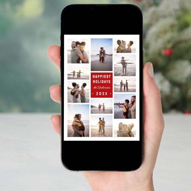 Modern Minimalist 12 Photo Collage Christmas Holiday Card (Front Digital)