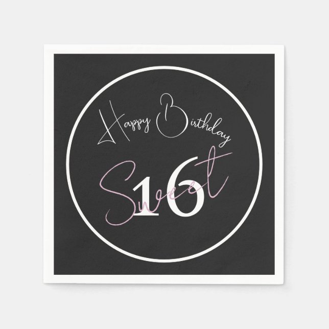 Modern Minimalist 16th Black White Pink Birthday Napkins (Front)