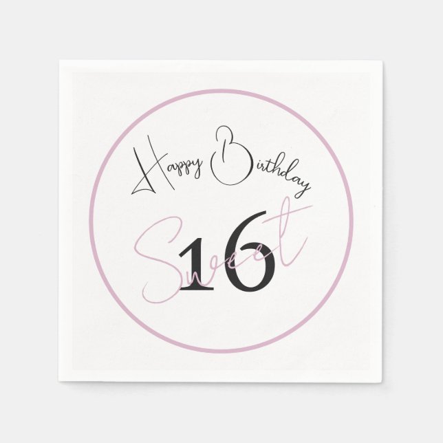 Modern Minimalist 16th White Pink Black Birthday Napkins (Front)