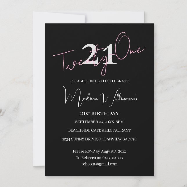 Modern Minimalist 21st Black Pink Birthday  Invitation (Front)