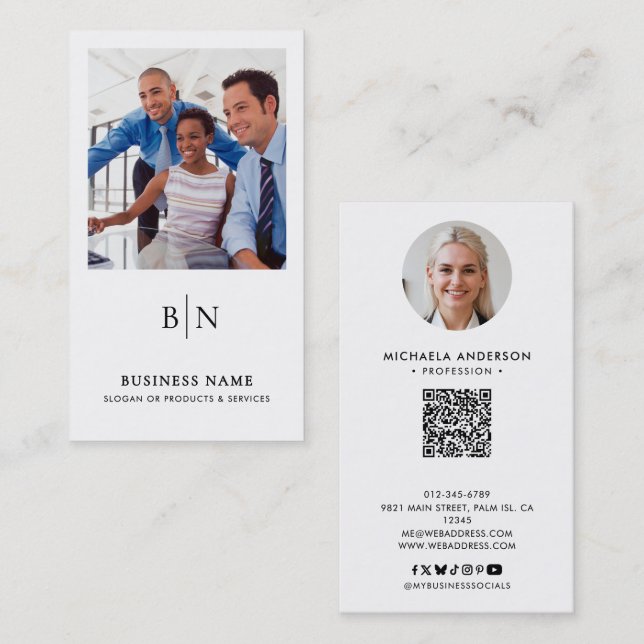 Modern Minimalist 2-Photo QR Code & Social Media Business Card (Front/Back)