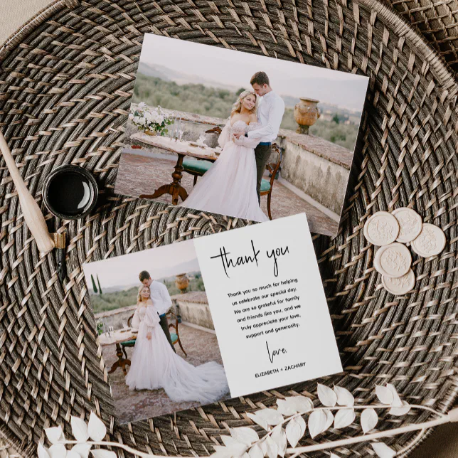 Modern Minimalist 2-Photo Script Wedding Thank You Card | Zazzle