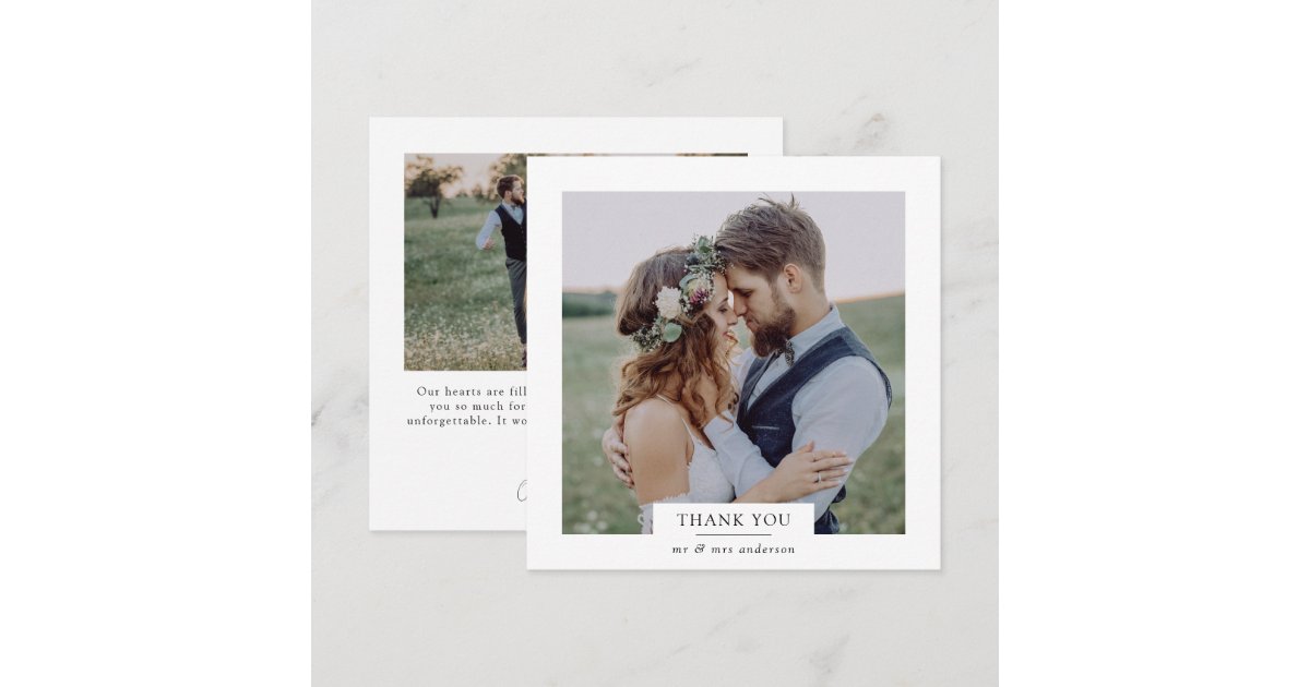 Modern Minimalist 2 Photo Square Wedding Thank You Card | Zazzle