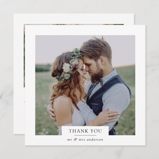 Modern Minimalist 2 Photo Square Wedding  Thank You Card (Front/Back)