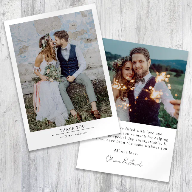 Modern Minimalist 2 Photo Wedding Thank You Card | Zazzle