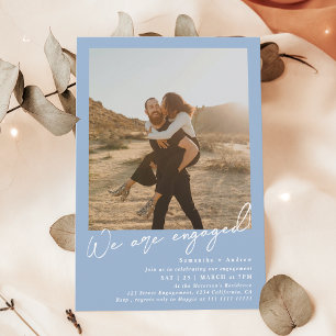 Modern minimalist 2 photos engagement party blue invitation