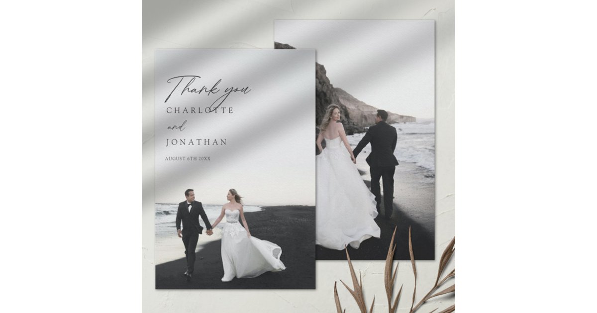 Modern Minimalist 2 Photos Wedding Thank You Card | Zazzle