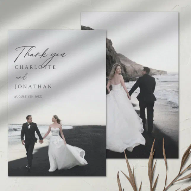 Modern Minimalist 2 Photos Wedding Thank You Card | Zazzle
