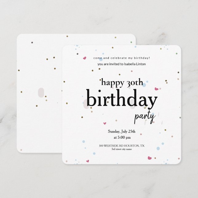Modern Minimalist 30th Birthday Party, 30th Birth Invitation (Front/Back)