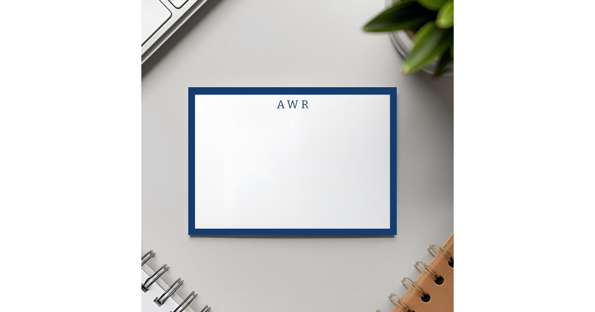 Modern Minimalist 3 Monogram One Border Navy Blue Note Card | Zazzle