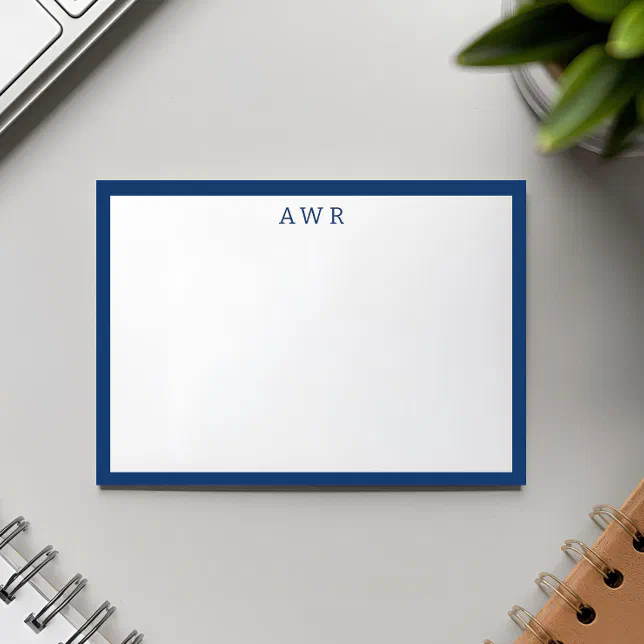 Modern Minimalist 3 Monogram One Border Navy Blue Note Card | Zazzle