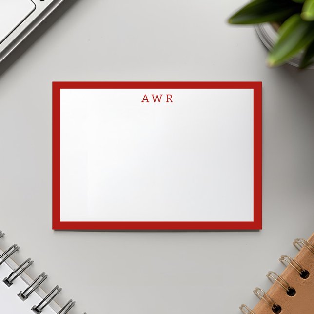 Modern Minimalist 3 Monogram One Border Red Note Card (Creator Uploaded)