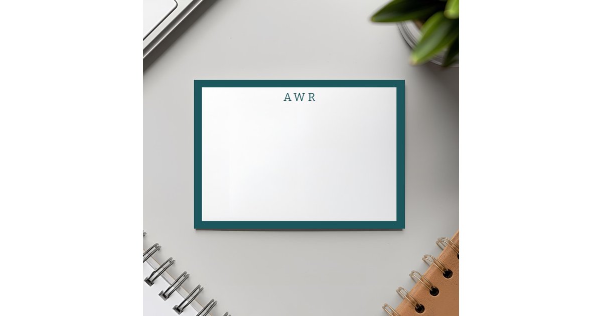 Modern Minimalist 3 Monogram One Border Teal Blue Note Card | Zazzle