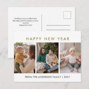 Modern Minimalist 3 Photo Collage New Year Holiday Postcard