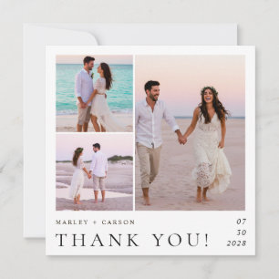 Modern Minimalist 3 Photo Collage Wedding Square Thank You Card