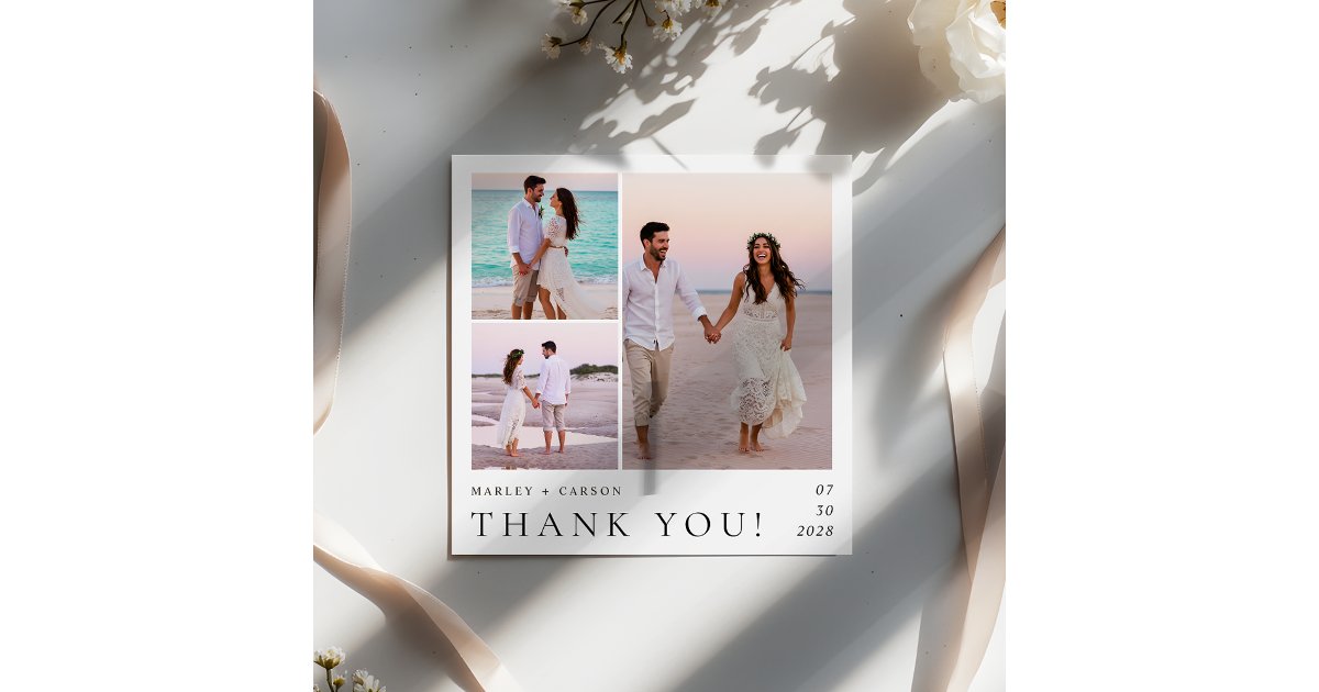 Modern Minimalist 3 Photo Collage Wedding Square Thank You Card | Zazzle