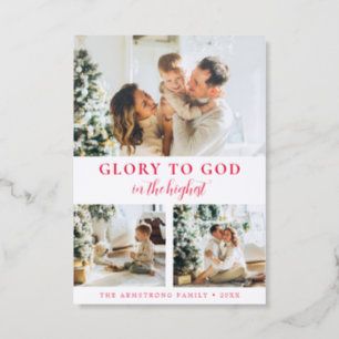 Modern Minimalist 3 Photo Red Religious Christmas Letterpress Photo Cards