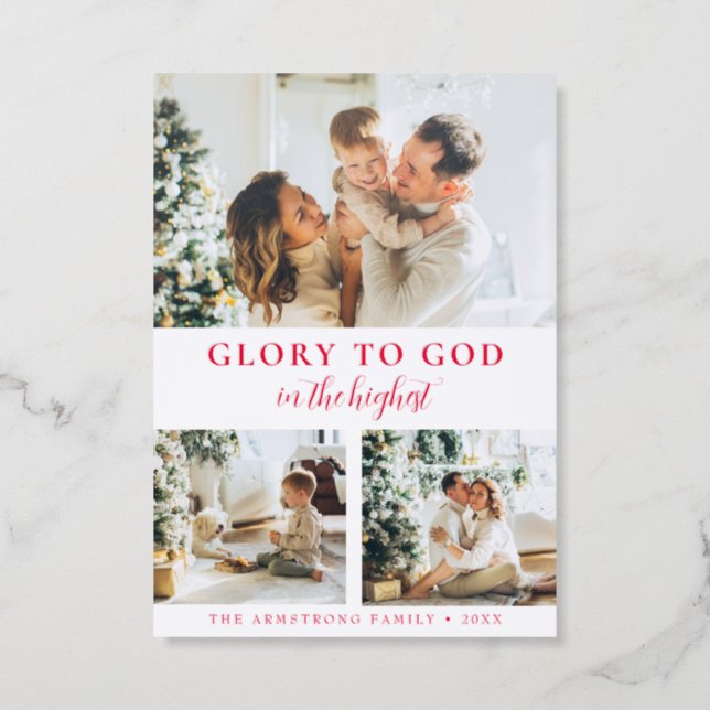 Modern Minimalist 3 Photo Red Religious Christmas Letterpress Photo Cards (Front)