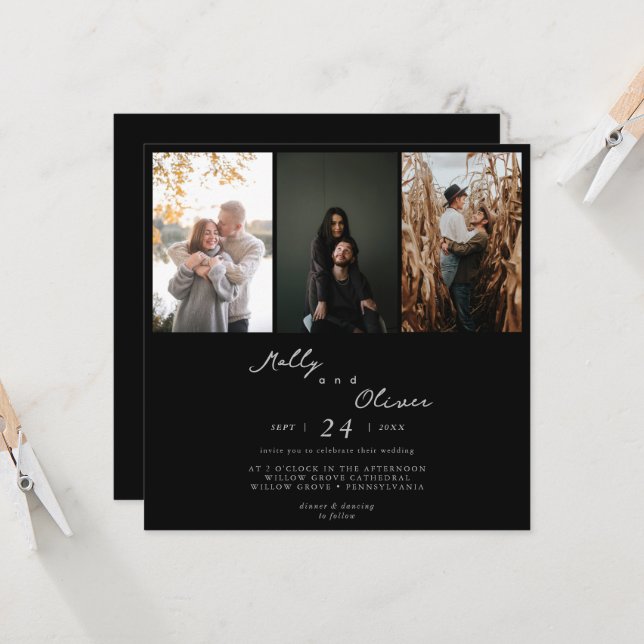 Modern Minimalist 3 Photos Black and White Wedding Invitation (Front/Back In Situ)