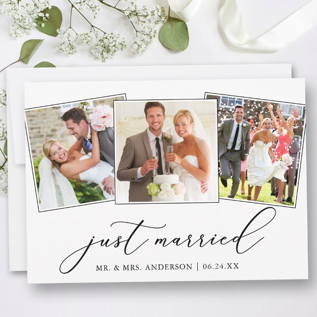 Modern Minimalist 3 Photos Calligraphy Wedding Announcement (Customize to add text or more photos to back of card.)