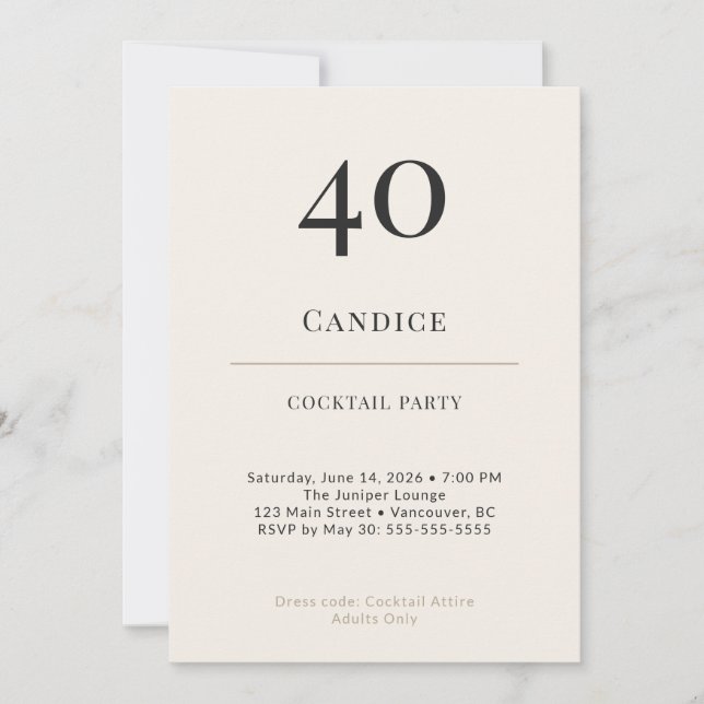 Modern Minimalist 40th Birthday Cocktail Party Invitation (Front)