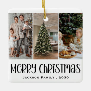 Modern Minimalist 4 Photo Collage Family Name Year Ceramic Ornament