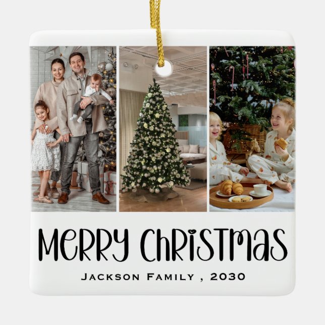 Modern Minimalist 4 Photo Collage Family Name Year Ceramic Ornament (Front)