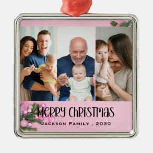 Modern Minimalist 4 Photo Collage Family Name Year Metal Ornament