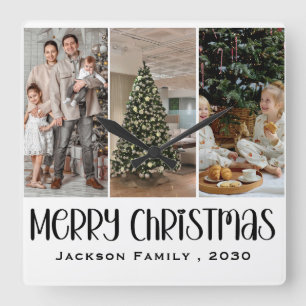 Modern Minimalist 4 Photo Collage Family Name Year Square Wall Clock