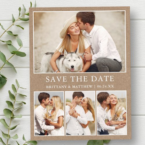 Modern Minimalist 4 Photos Save the Date Kraft Postcard