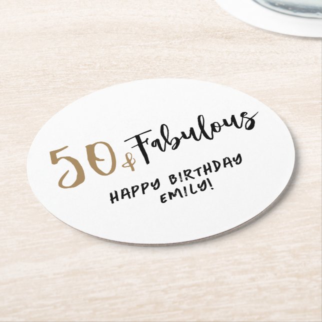 Modern Minimalist 50 and Fabulous 50th Birthday Round Paper Coaster (Angled)