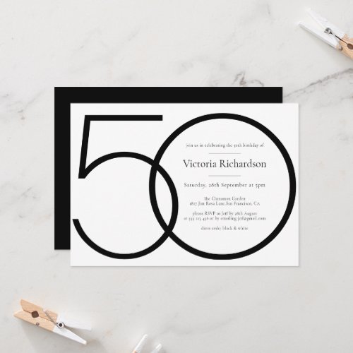 Modern Minimalist 50th Birthday Classy Black White Invitation