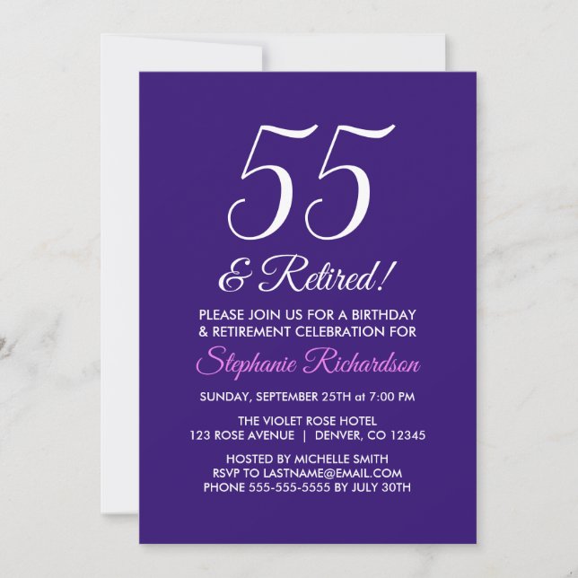Modern Minimalist 55 and Retired Purple Retirement Invitation (Front)