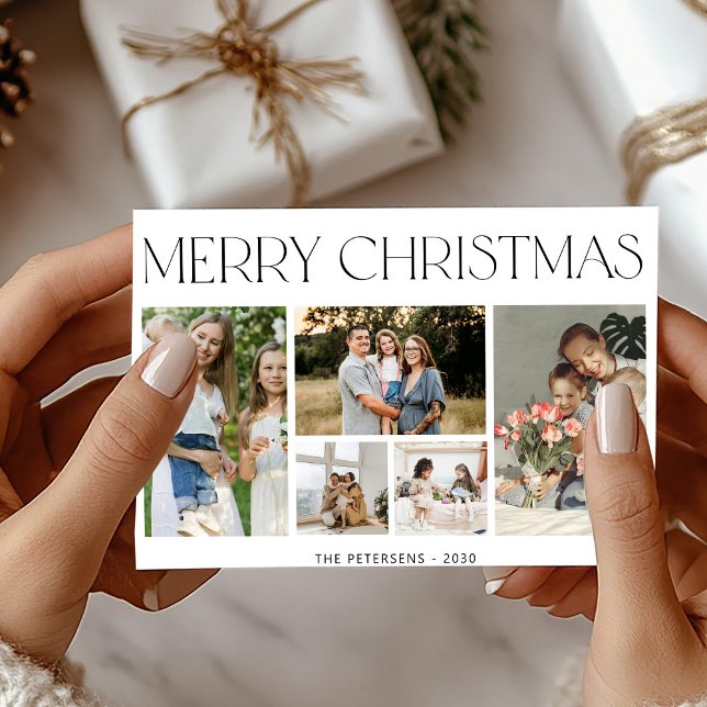 Modern minimalist 5 photo collage Merry Christmas Holiday Card (Creator Uploaded)