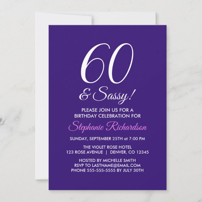 Modern Minimalist 60 and Sassy Purple Birthday Invitation (Front)