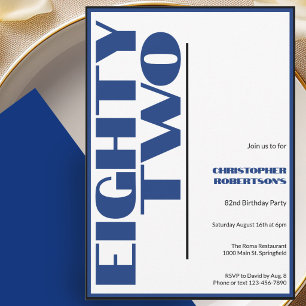 Modern Minimalist 82nd Birthday Blue and Black Invitation