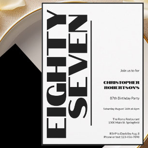 Modern Minimalist 87th Birthday Black and White Invitation