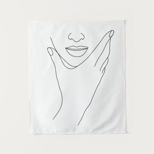 Modern Minimalist Abstract Face Line Art Drawing Tapestry (Front)