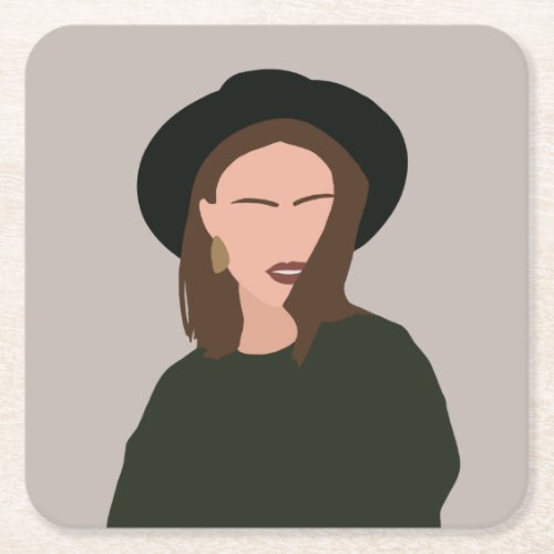 Modern Minimalist Abstract Girl in Hat Beverage Co Square Paper Coaster