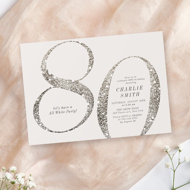 Modern minimalist all white party 80th birthday invitation (Modern minimalist all white party 80th birthday invitation)