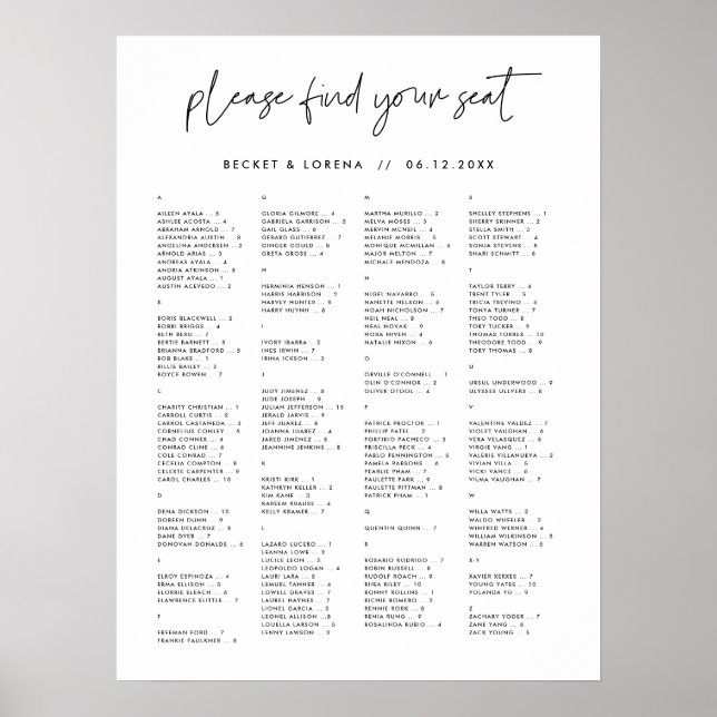 Modern Minimalist Alphabetical seating chart (Front)