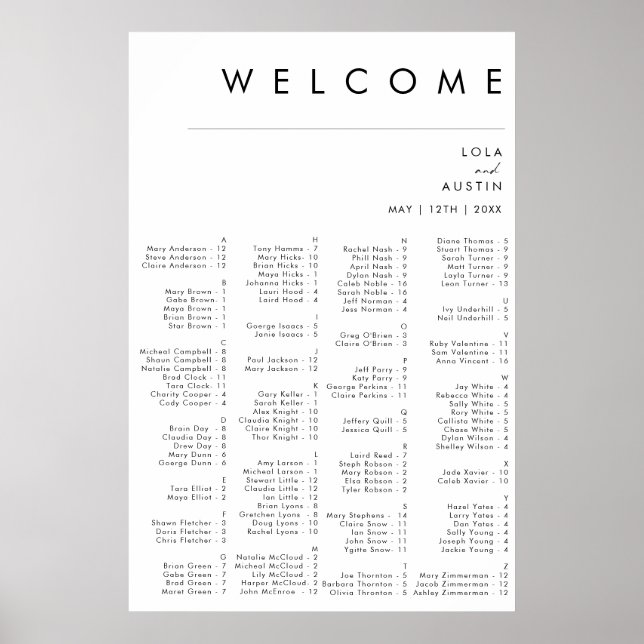 Modern Minimalist Alphabetical Seating Chart (Front)