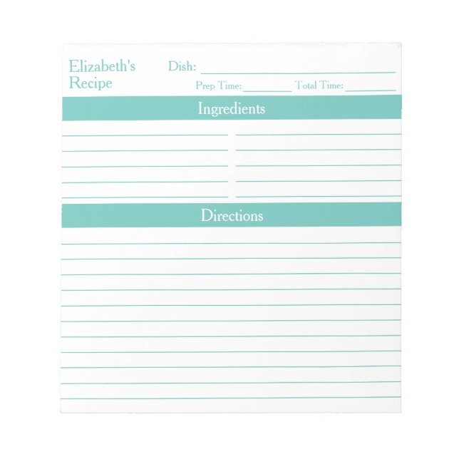 Modern Minimalist Aqua Personalized Recipes Notepad (Front)
